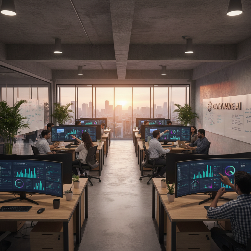 Modern B2B SaaS startup office with multiple monitors showing dashboards and analytics, tech professionals collaborating