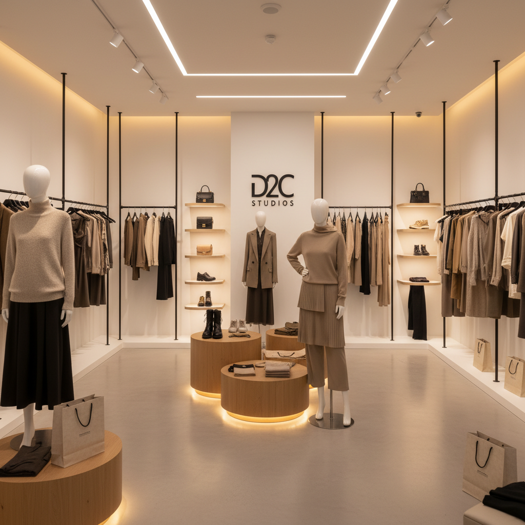 Stylish D2C fashion brand boutique with trendy apparel displays, clothing racks, and minimalist white interior