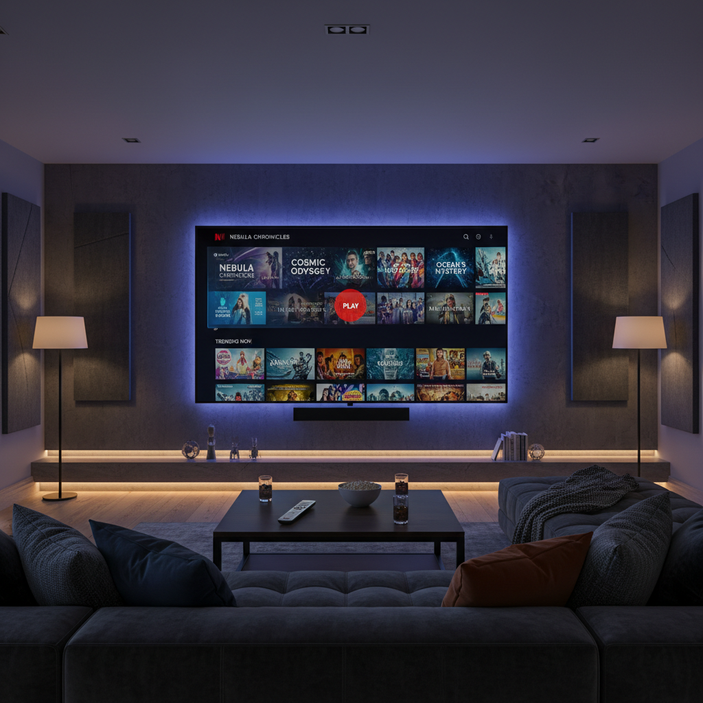 Premium home entertainment setup with large 4K smart TV displaying streaming service interface, dark ambient living room